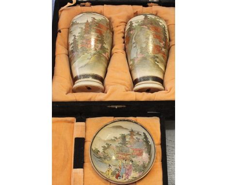 A cased pair of Japnaese Satsuma vases and similar bowl and a collection of Japanese Kutani
