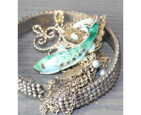 A vintage Marius Hammer (Norway) sterling silver and enamel choker fringe necklace, fashioned from filigree work and light bl