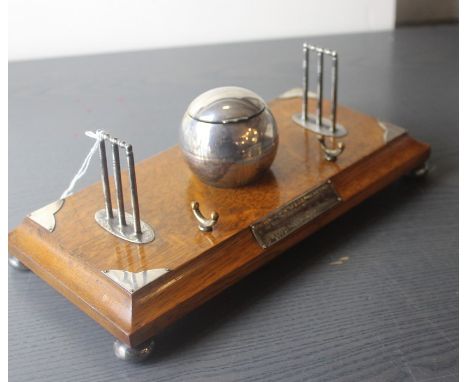 Cricket Interest: An Edwardian silver and light oak "cricket trophy" inkstand, by Fattorini &amp; Sons Ltd, assayed Birmingha