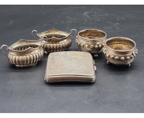 Two pair of silver salts and a silver cigarette case, 229g. (5) 