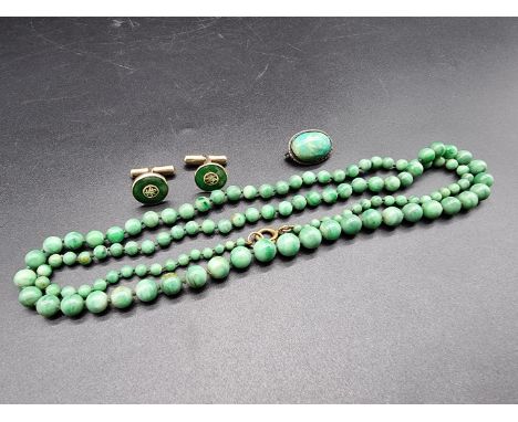 A&nbsp;graduated&nbsp;jadeite bead necklace, 80cm; together with a pair of Chinese jade set gold plated sterling cufflinks, b