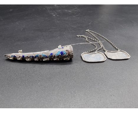 A pair of Chinese white metal 'Whisky' &amp; 'Sherry' bottle labels, by Wai Kei, stamped 'Silver 90', 32mm wide; together wit