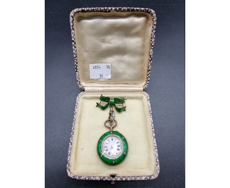 A Victorian Dido Swiss stem wind fob watch,&nbsp;28mm, having green guilloche enamel and seed pearl decoration, on a similar 