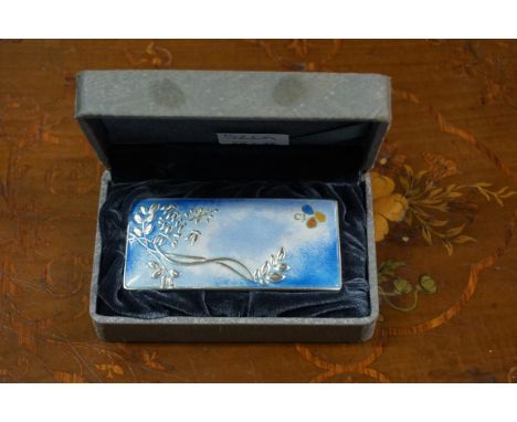 A boxed silver and enamel rectangular box and cover, by C J, stamped 'Silver 990', 9cm wide.