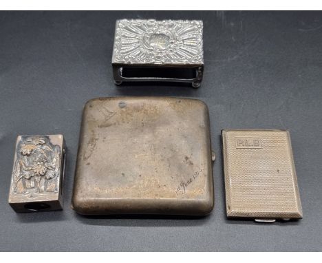 A collection of silver smoking relating items, comprising: a cigarette case; matchbook case; and two matchbox cases, 192g. (4