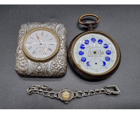 A late Victorian silver easel back timepiece, Birmingham 1900, with enamel dial, 7.5cm high, (lacking easel); together with a