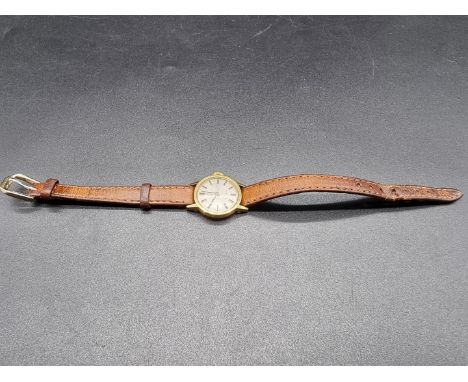 An Omega Geneve gold plated ladies manual wind wristwatch,&nbsp;20mm, cal 625, on brown leather strap. 