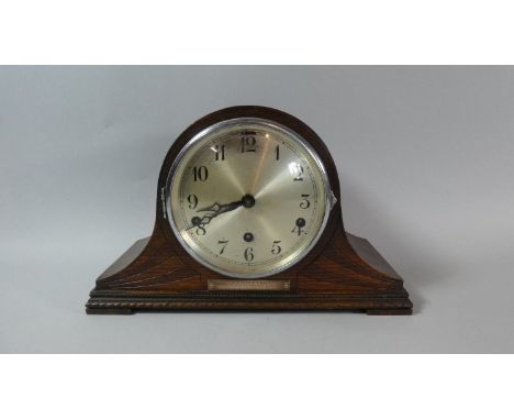 An Art Deco Oak Westminster Chime Mantle Clock with Presentation Plaque Dated December 1934, 34cm Wide 