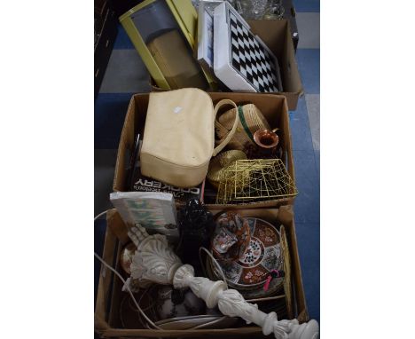 Three Boxes of Sundries to Include Decorated Plates, Large Table Lamp, Figural Ornament, Travel Bag, Metal Wares, Drinking Ch