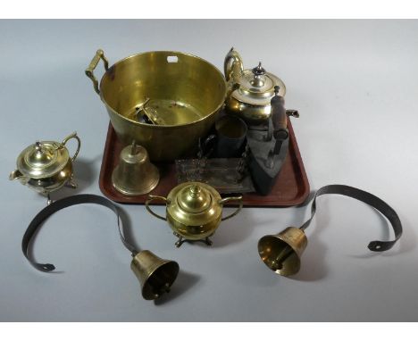 A Tray of Metalwares to Include Three Brass Bells, Three Piece Silver Plated Teaservice, Brass Jam Kettle, Metal Flat Iron Et