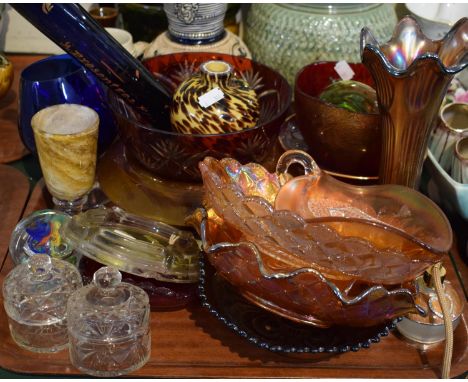 A Tray of Various Coloured Glassware to Include Victorian Rolling Pin, Paperweights, Vases, Overlaid Cut Glass Bowl, Carnival