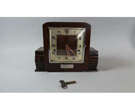 An Art Deco Oak Cased Presentation Westminster Chime Mantle Clock Dated 1940, 29cm Wide 