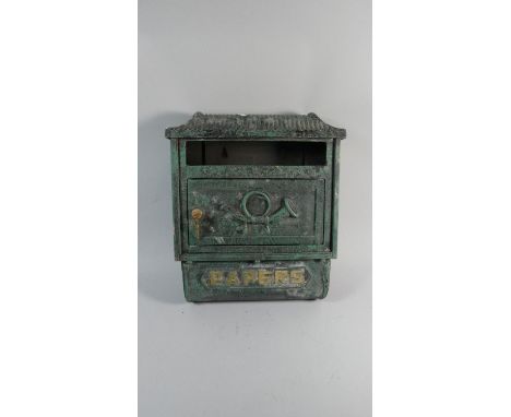 A Metal Wall Hanging Papers or Post Box with Key, 36cm Wide 