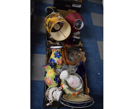 Two Boxes Containing Ceramics, Glassware, Table Lamps, Walking Stick and Umbrella 