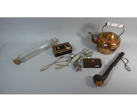 A Tray Counting Glass Rolling Pin, Copper Kettle, Cash Tin,  Cutlery, Royal Army Reserve Box etc 