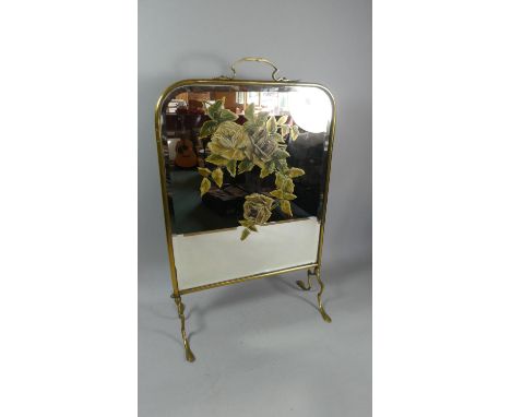 A Late 19th Century Brass Framed Fire Screen with Painted Rose Decoration, 66cm High 