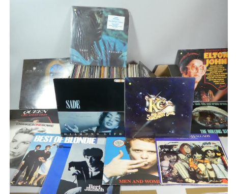 A Box Containing Approximately 100 LP Records to Include Queen, David Bowie, Beatles, Rolling Stones, Blonde, Simply Red, Elt