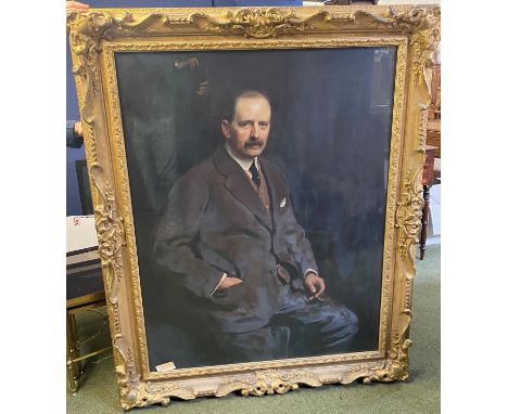 C20th, English School Oil on canvas, A large Three quarter length portrait of a gentleman, in gilt glazed frame; bears note f