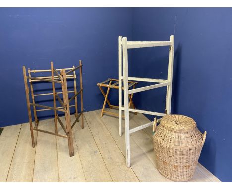 A quantity of vintage towel rails, luggage racks, bed tray, wicker laundry basket etc; all with general wear and as found and