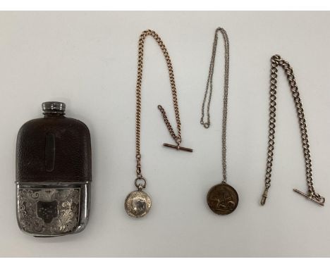 A sterling silver sovereign case, a sterling silver Albert Chain and a white metal and leather mounted hip flask 