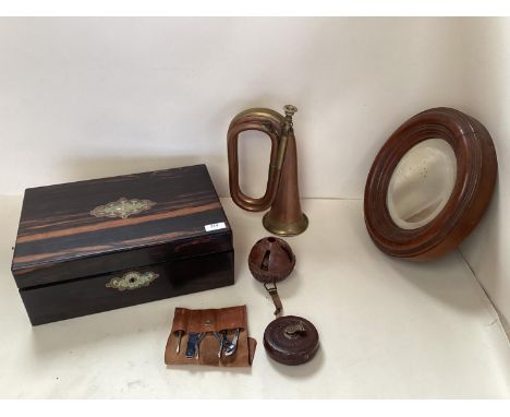 A Corromandel writing slope with fitted interior, a brass and mother of pearl plaque to front, 35 x 24x15cm, brass and copper