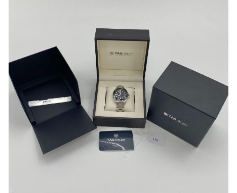 Gents automatic Aquaracer wrist watch 42mm stainless steel case, black face with white batton markers, black enamel bessell o