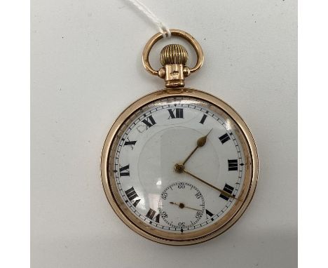 9ct gold  crown wind open face pocket watch, white enamel face, with roman numeral markers, subsidiary dial at 6 in a 48mm ca