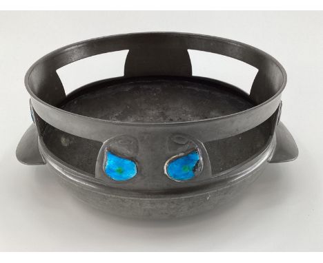 Liberty &amp; Co Pierced pewter Rose bowl with stylized blue enamel decoration by Archibald Knox, marked to base English Pewt
