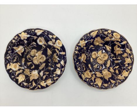 A pair of C20th Dresden style porcelain bowls wth cobalt blue ground and gilt floral decoration marked to base 