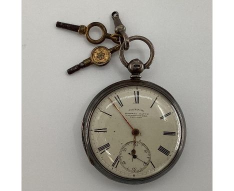 Sterling silver cased pocket railway watch by Johnson of Preston, key wind movement with white enamel face, Roman numeral mar