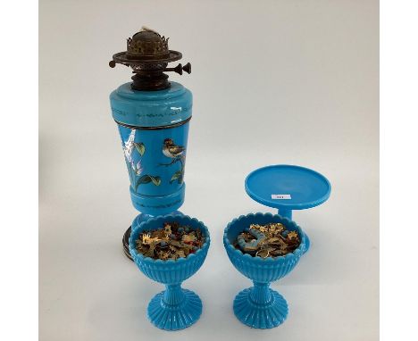 Bohemian style blue opaline glass oil lamp with hand painted enamel decoration, and 3 other Vaseline glass items 