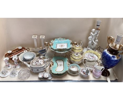 Quantity of ceramics items to include 3 pieces of Belleek, a large gilt comport and matching side dishes, Royal Worcester Bow