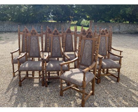 Very good set of ten oak high back Arts and Crafts style dining chairs, upholstered back and seat in William Morris style fab