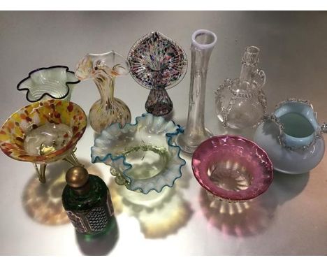 A mixed lot comprising a Dutch 19thc gin flask (missing one handle), a multicoloured glass orchid vase, a vaseline glass cyli