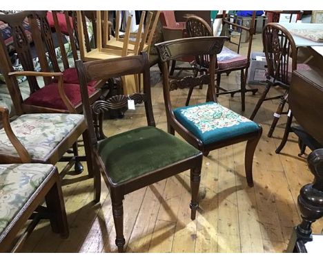 A George III mahogany side chair with curved top rail and carved splat, with inset seat on ring turned tapered supports and a