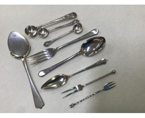 A group of miscellaneous silver flatware including a pair of Birmingham silver mustard spoons, a Birmingham silver Christenin