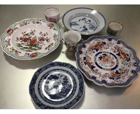 A mixed lot of china including an Ironstone scalloped Imari decorated plate, an English china porcelain scalloped plate with 