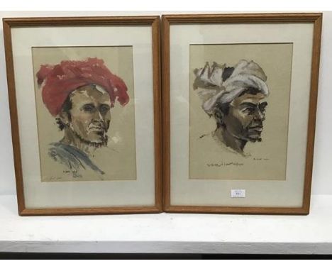 A Doe, Portrait of a North African Figure with Red Turban, watercolour, signed and dated 1966 and companion (36cm x 26cm excl