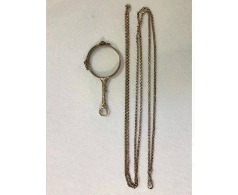 A 9ct gold belcher link guard chain, complete with barrel swivel (l.62cm) (11.59g) and a pair of yellow metal lorgnette (2) 