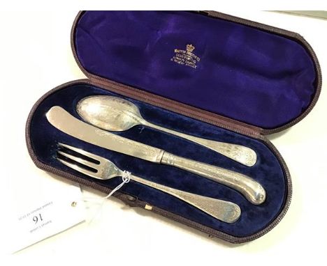 A Mappin Bros. of Regent Street, London, three piece engraved Epns Christening set including spoon, pistol handled knife (l.2