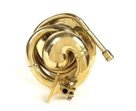 A Howes &amp; Burley 'escargot' horn, circa 1908,polished brass, with 17cm diameter wide trumpet fitted with gauze, with moun