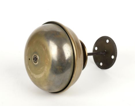 A floor mounted foot operated warning bell,brass, with mounting bracket, cast bell with 13cm diameter gongs and foot operated