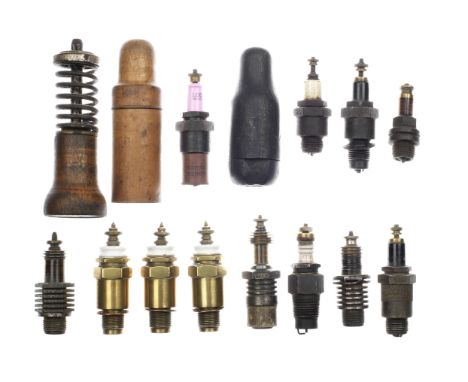 Assorted spark plugs,including three Pognon brass and ceramic plugs; two spark plugs in turned wooden cases; six mica plugs; 