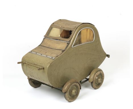 An unusual 'child's buggy' cycle trailer, believed 1930s,manufacturer unknown, pressed steel panel construction painted in ol