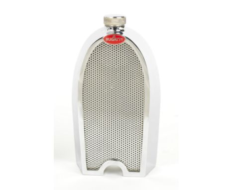 A 'Bugatti' radiator decanter by Ruddspeed,British, 1960s, chromed case, backplate and grille, in the form of a pre-War Bugat