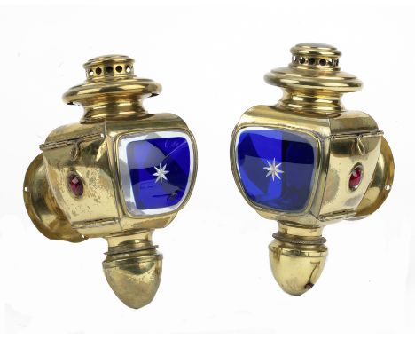 A pair of Model 176 electric opera lamps, believed French,brass bodies, each with one bevelled clear lens, one blue 'star-cut