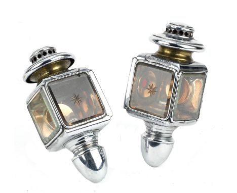 A pair of 'Auteroche' oil-illuminating opera lamps, French,squared nickel-plate bodies, each with 2½ inch bevelled clear lens