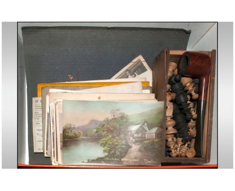 Mixed Lot Of Ephemera/Collectables, Comprising Smoking Pipe, Chess Set, Postcards etc