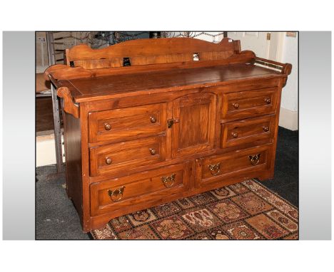 Large Picked Pine Sideboard with Shaped Splash Back and Shaped Rail Ends, with a Cupboard to the Centre Below the drawers and