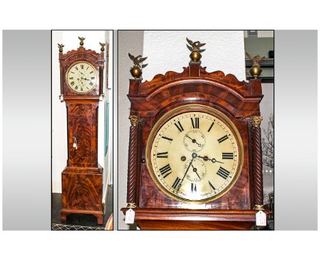 A 13 Inch Round White Dial Mahogany Longcase 8 Day Clock, early 19thC. Three original brass finials.